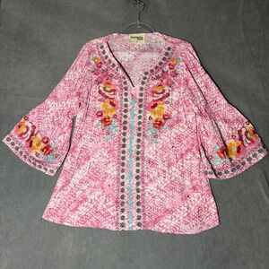 Savanna Jane Pink Floral Embroidered Bell Sleeve Boho Blouse Medium 18333